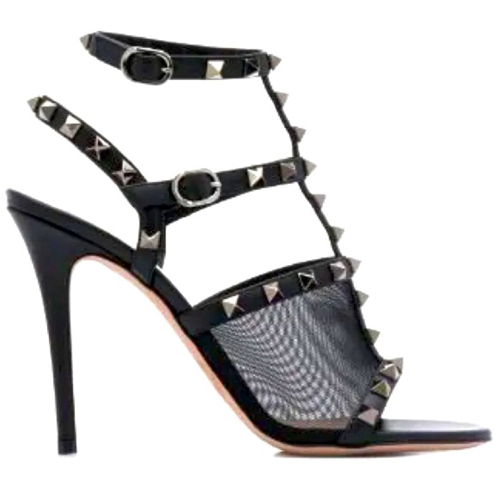 Valentino Rockstud 105 Black Mesh Stud Cage Ankle Strap Sandal Heel Pump
